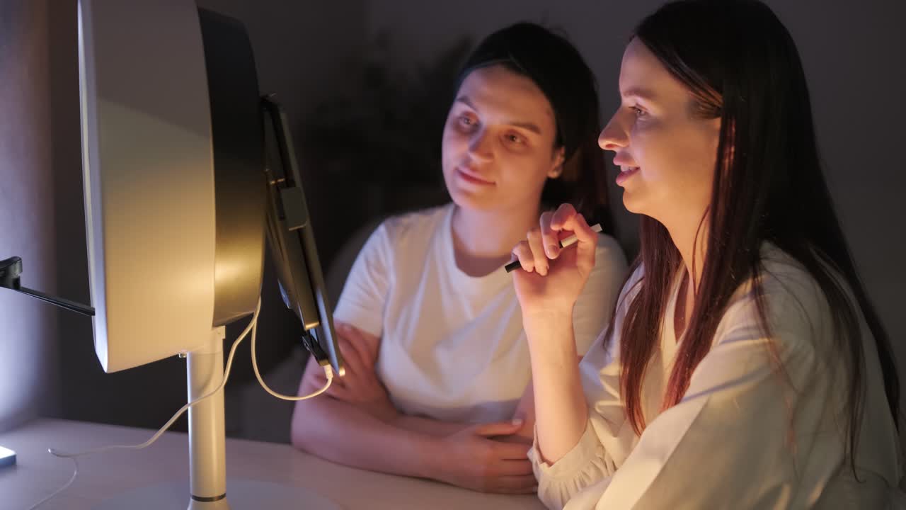 램프 아래에서 얼굴 검사를 수행하는 미용학자