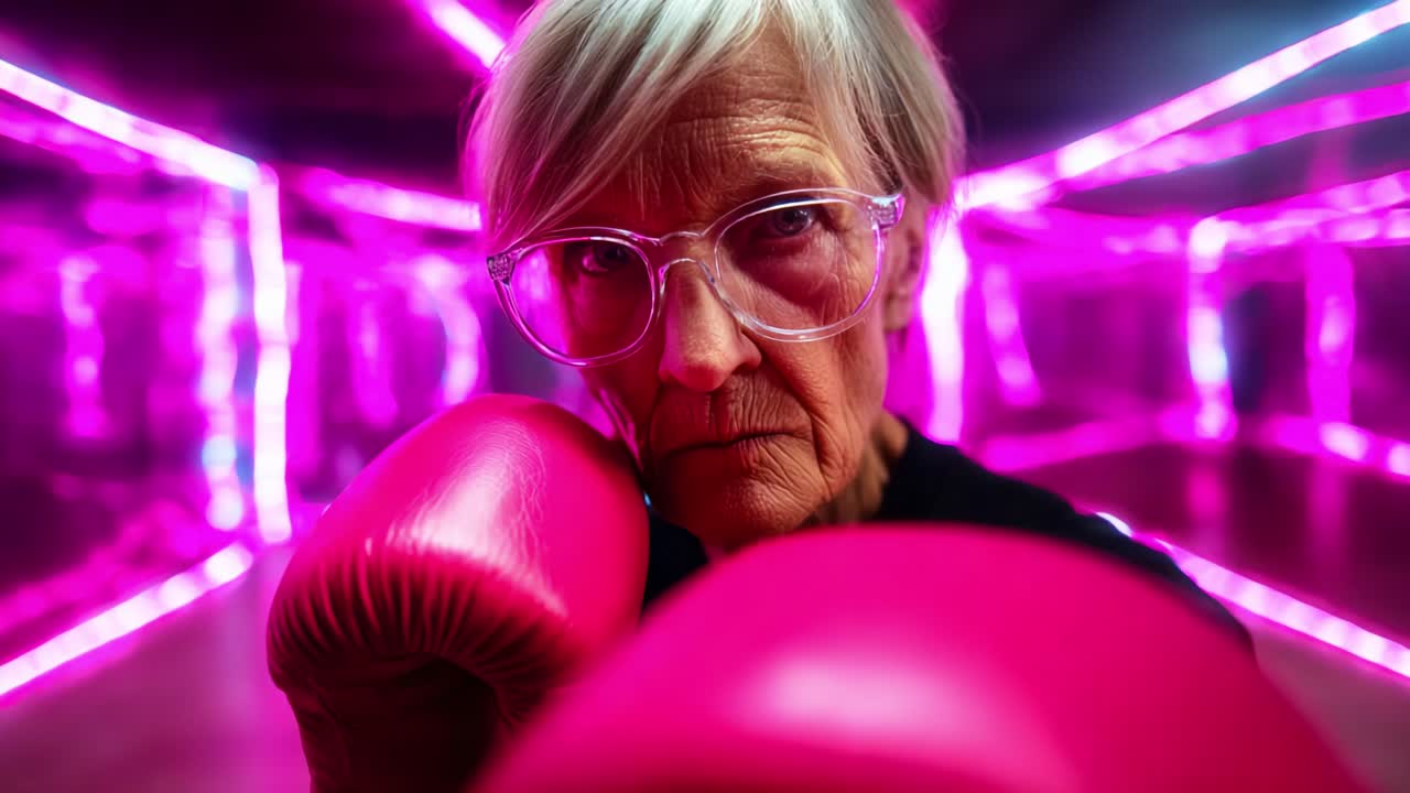 Forte e intrepida: un'immagine stimolante di una donna anziana pronta a combattere in una stanza con illuminazione vivace, che mette in mostra forza, determinazione e coraggio di fronte alle sfide