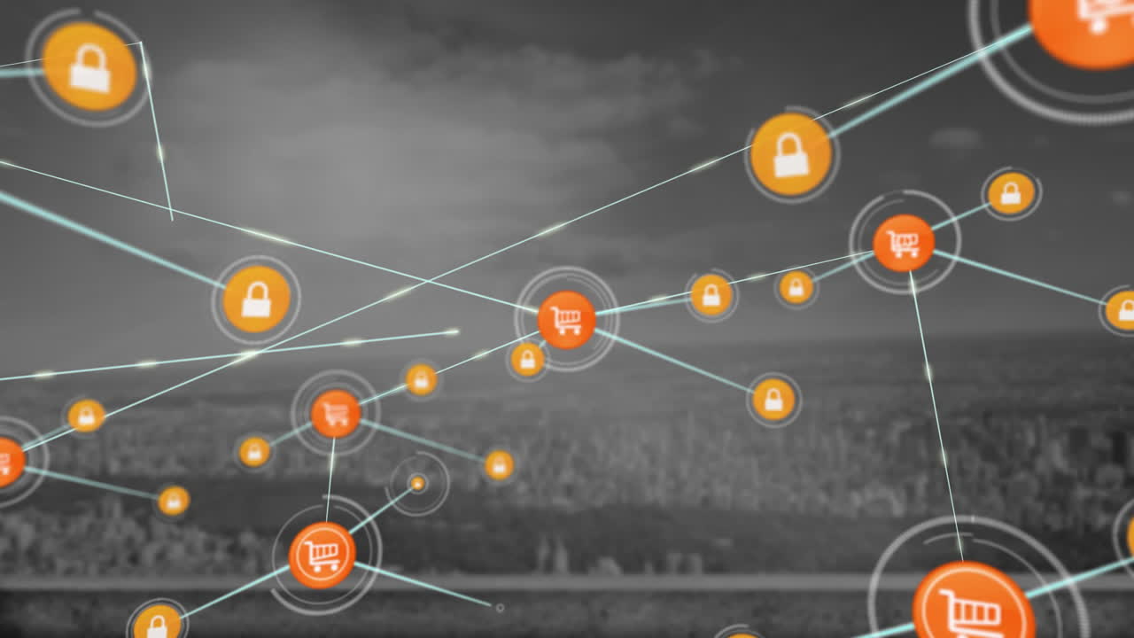 iconos de carrito de compras y candados conectados por líneas, animación de seguridad de comercio electrónico