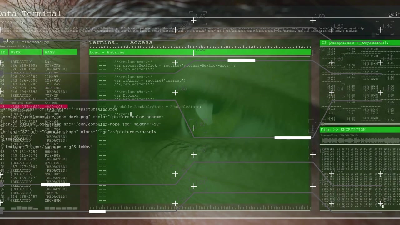 Male operator focusing eye, HUD appearing, code scrolling, progress bars marking system access