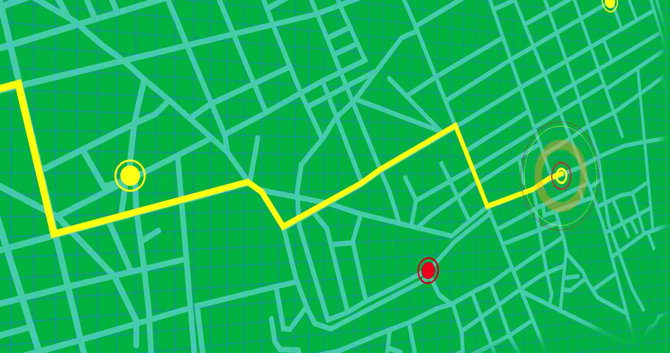 Animazione di un punto di localizzazione luminoso che si muove su una mappa stradale della città su sfondo trasparente