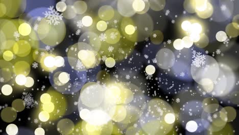 Animation-of-white-snowflakes-falling-over-defocussed-yellow-and-white-christmas-lights