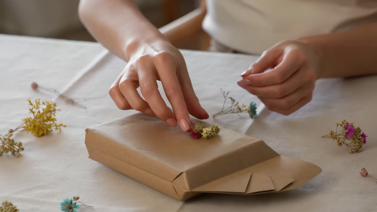 Hands Decorating a Gift with Dried Flowers