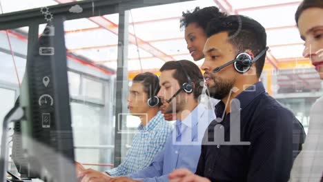 Animation-of-statistics-and-data-processing-over-business-people-wearing-phone-headsets