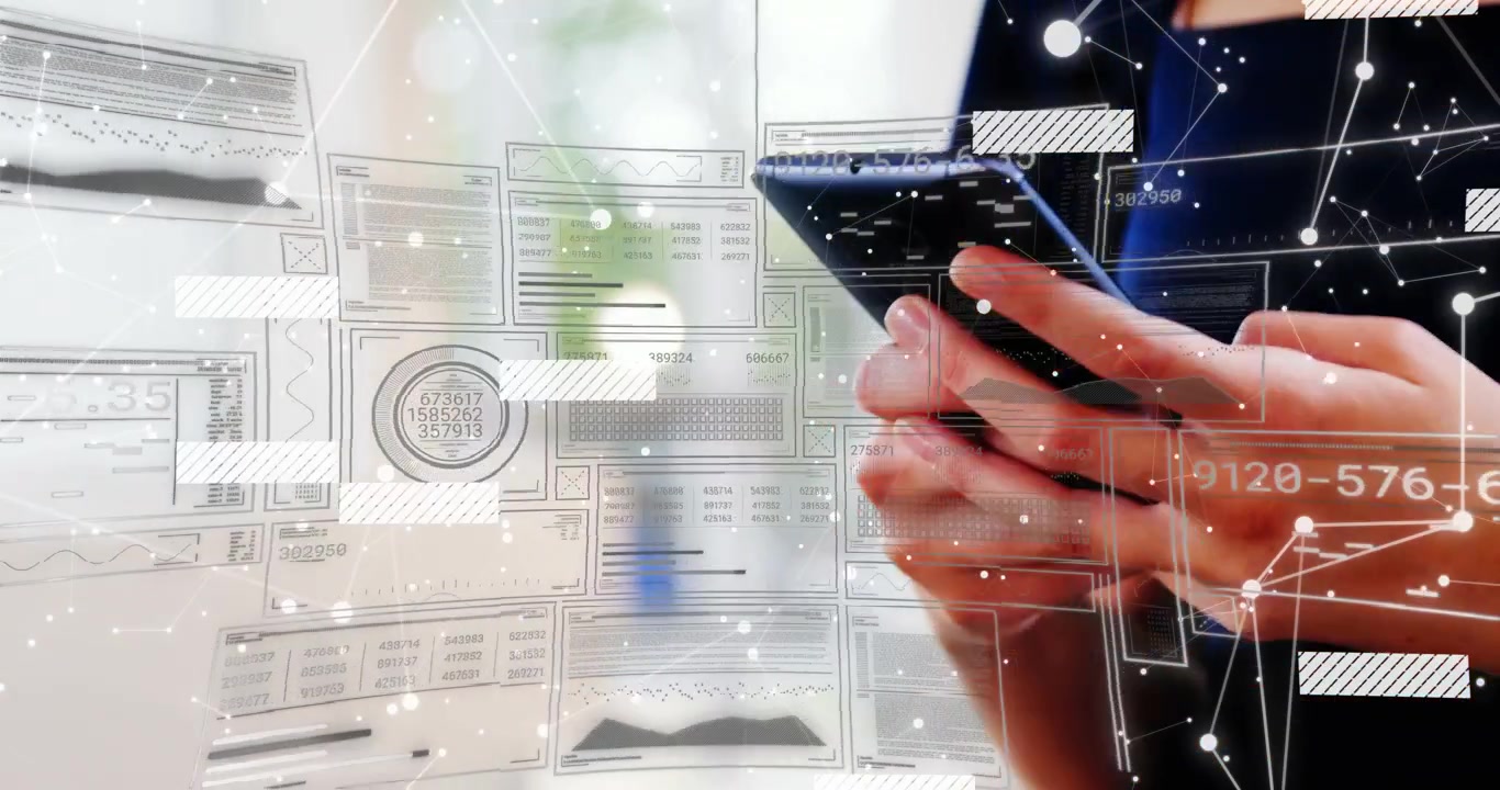 Vertical video: Woman raising smartphone, tapping and analyzing data in tech scene with HUD nodes