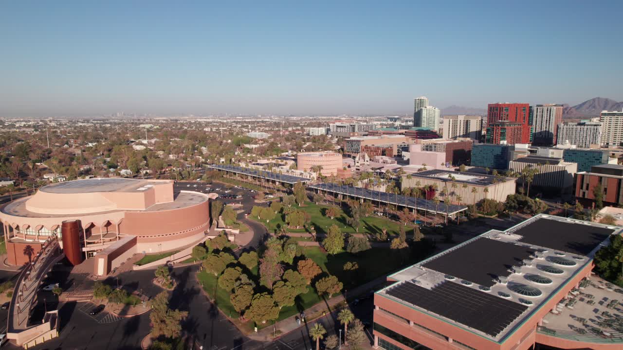 Tempe, Arizona skyline at sunset, 4K drone shot