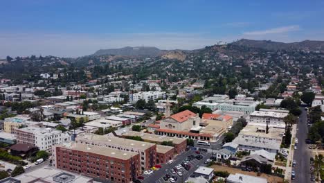Drone-shot-East-Hollywood-neighborhood-in-Los-Angeles-in-hot-summer-sun
