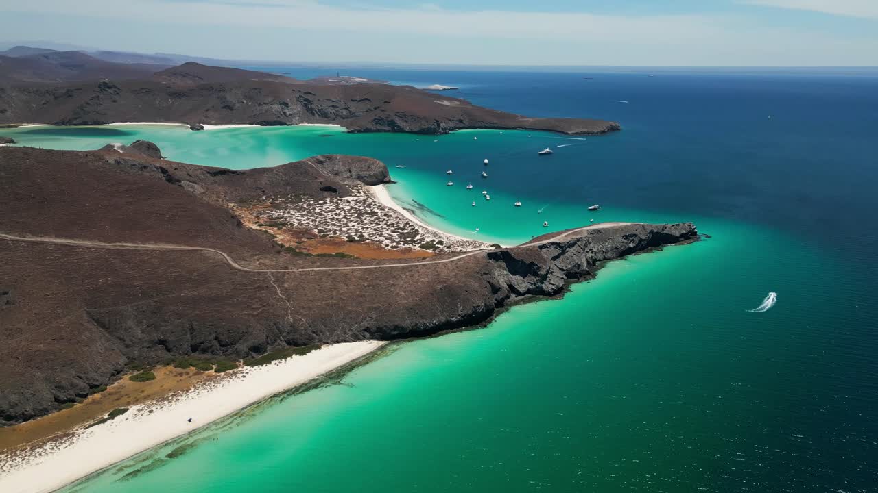Tecolandra beach in la paz, mexico, featuring turquoise waters and rocky terrain, aerial view