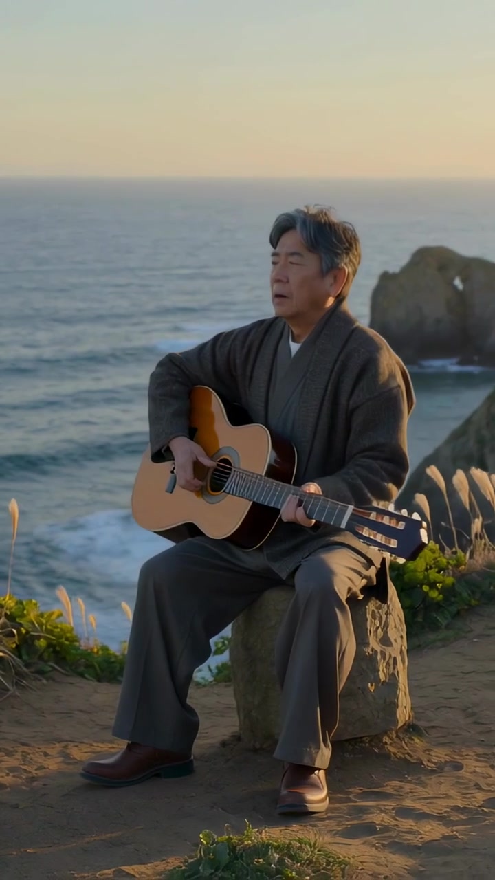 Vertikal video: Ældre asiatisk mand går hen til en klippe, stemmer og spiller guitar ved kysten, reflekterer.