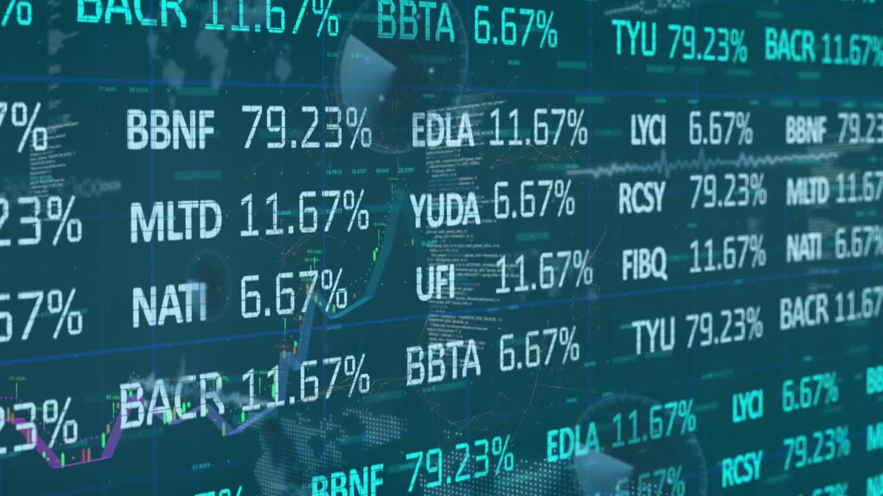 Animation of stock market data processing over multiple round scanners against blue background