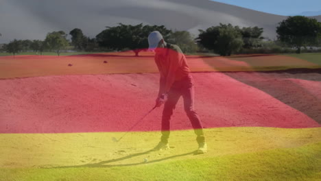 mature male golfer hitting ball in bunker, displaying technology overlay with trajectory chart
