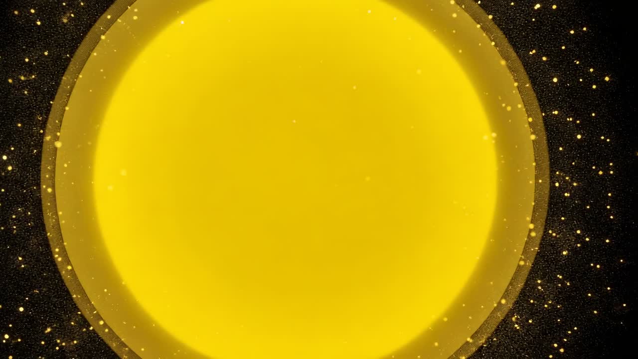 Expanding glowing yellow orb filling void after brightness increasing, with gold particles drifting