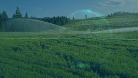 flat design center-pivot irrigation system spraying water across field, showing digital data waves