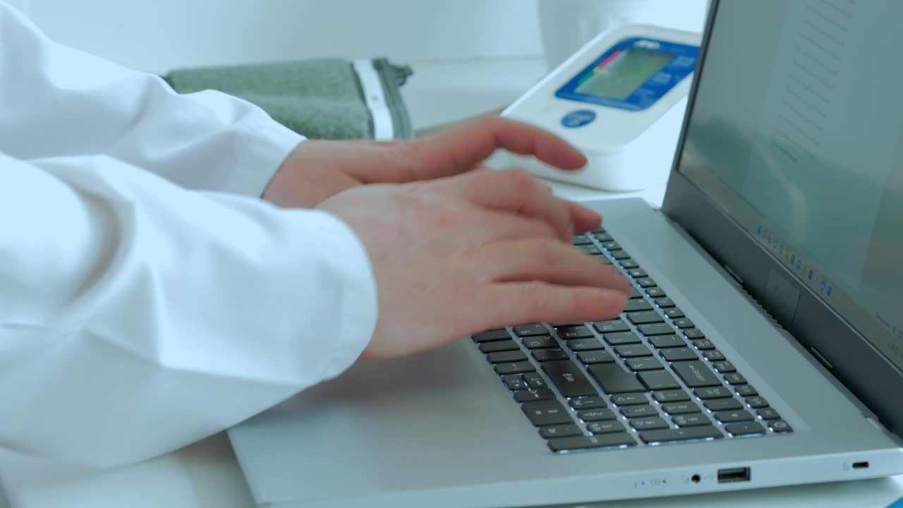 The concept of medicine, the doctor works, the hands of a man in a white coat print text on the laptop or write a pharmaceutical recipe, on a white table a tanometer