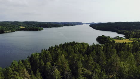 Panning-aerial-shot-of-large-lake-and-green-forest-along-shore,-Sweden