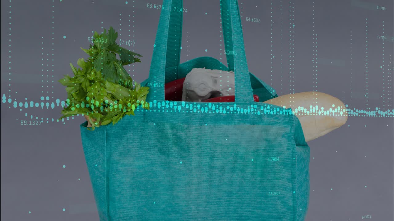 Data overlay activating on live feed and shifting over teal tote bag, showing grocery data