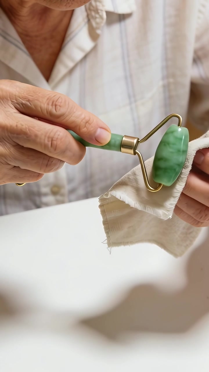 Vertical video: Pressing roller into rag, aged hands cleaning, checking jade roller at table, shirt