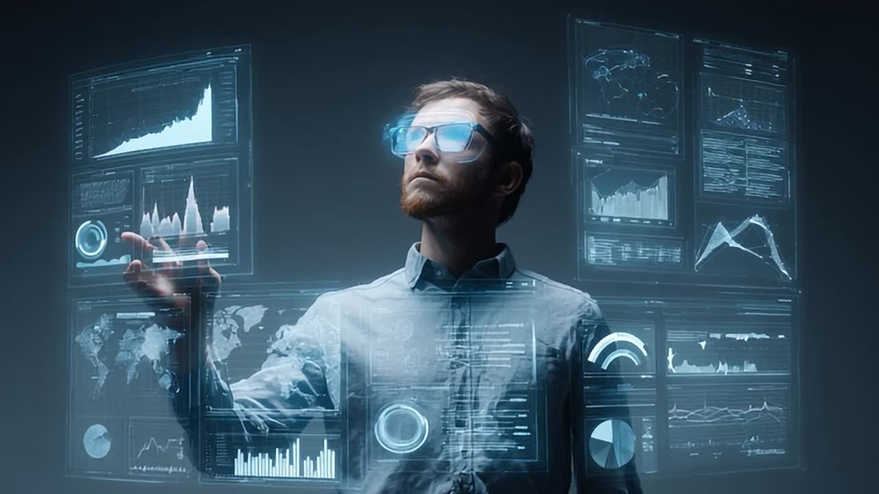 Innovative data analyst interacting with digital interfaces in a lab