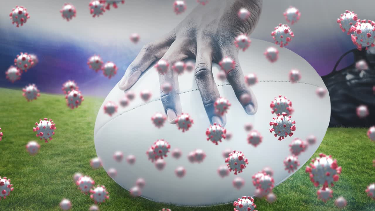 Animation of falling covid 19 cells over american football ball