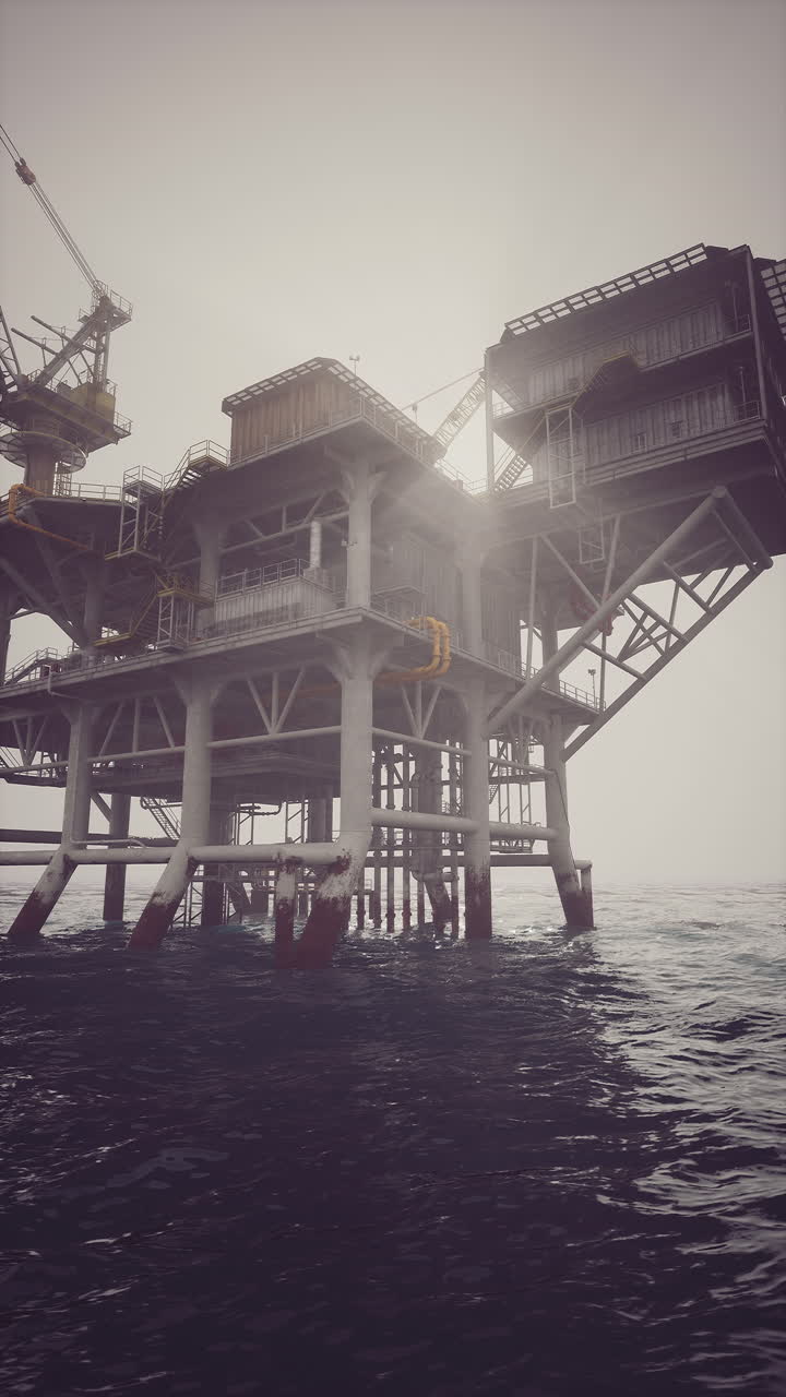 Udforskning af den mægtige olieplatform, der står højt midt i havets bølger og tåge