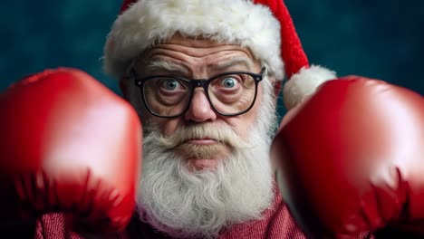 a man in a santa claus hat and glasses with boxing gloves