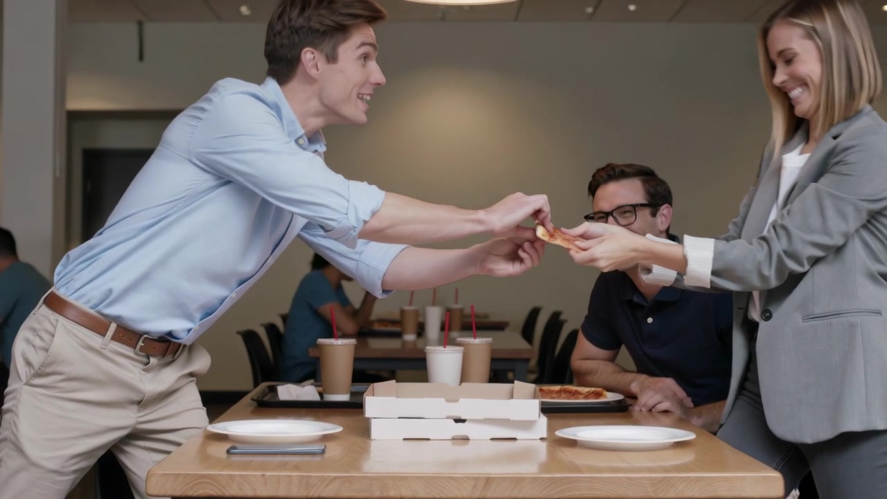 Apertura di una scatola di pizza, due colleghi che tirano una fetta di pizza nell'area pranzo dell'ufficio, in abbigliamento da lavoro.