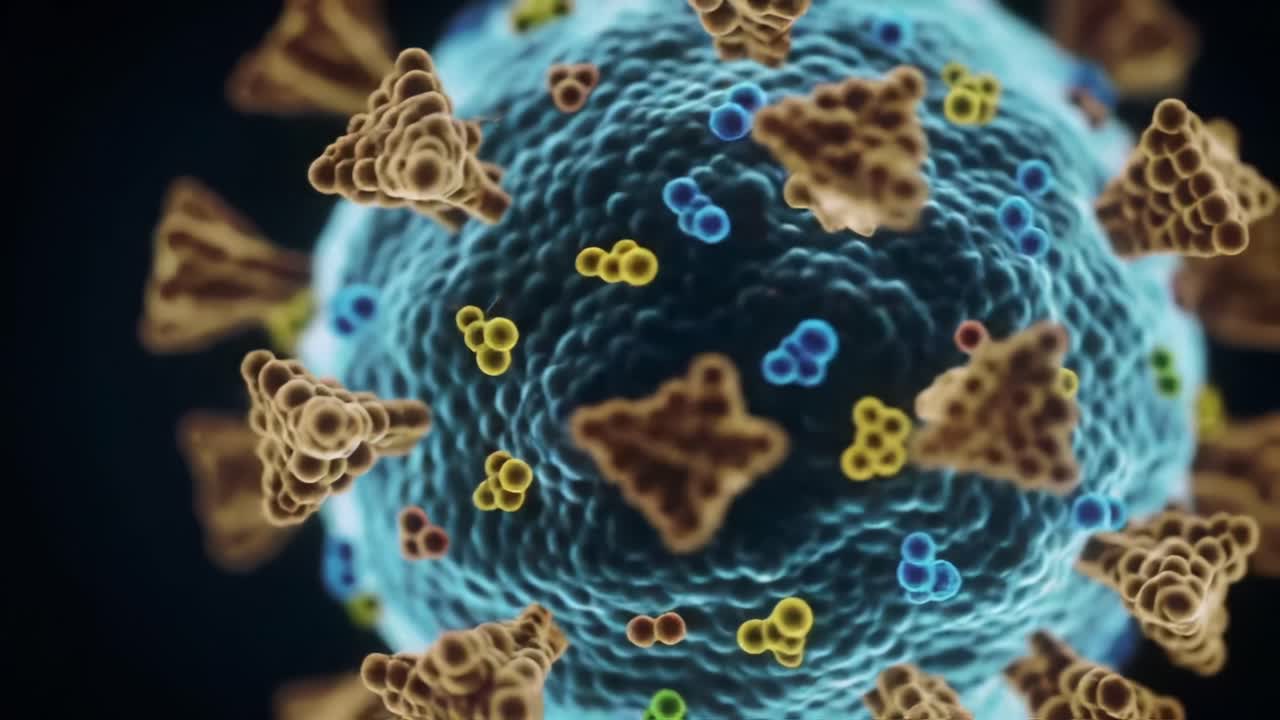 Microscopic Visualization of a Viral Structure Highlighting Surface Proteins and Genetic Material, Showcasing Unique Patterns and Complex Interactions