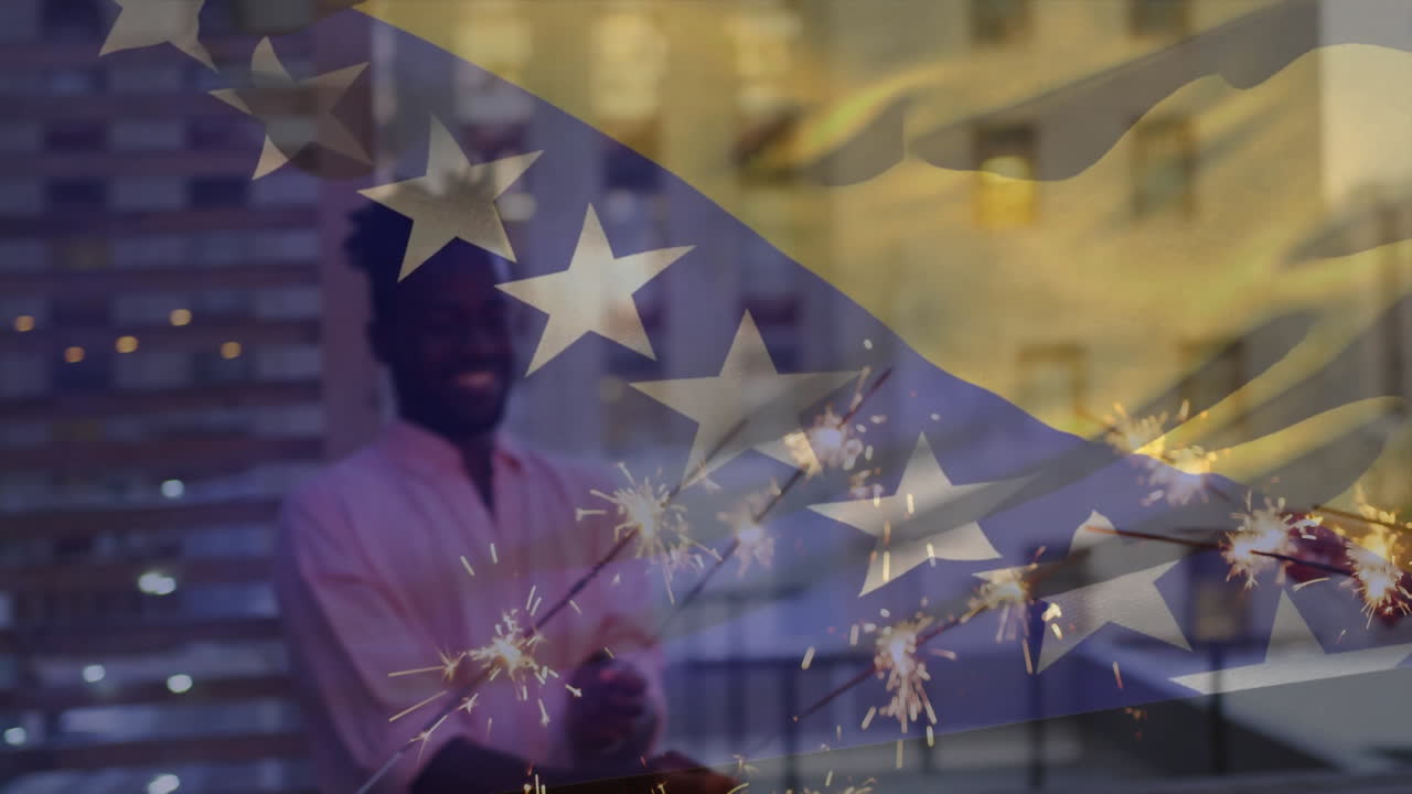 Holding sparklers, man against cityscape with flag in animation backdrop