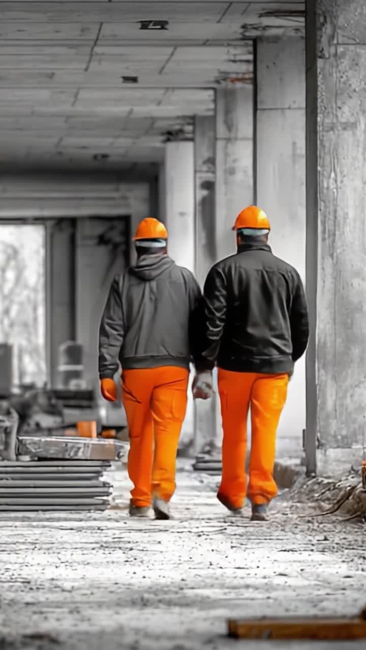 Construction Workers in Bright Orange Safety Gear Walk Through a Partially Finished Industrial Building Amidst Concrete and Metal Framework