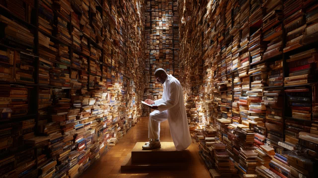 A solitary figure immersed in reading, surrounded by towering shelves filled with an extensive collection of books, creating a captivating atmosphere of knowledge and reflection