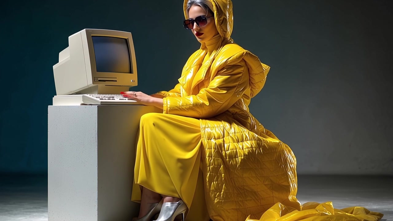 Stylish Woman in Yellow Outfit Typing on Vintage Computer