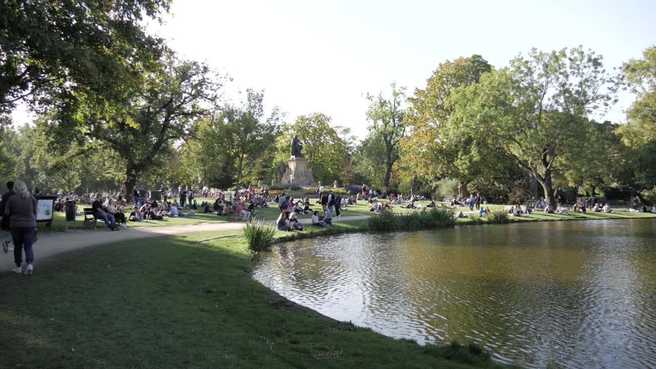 People at Vondelpark next to the pond around the Statue of Joost Van Den Vondel - 180fps slow motion