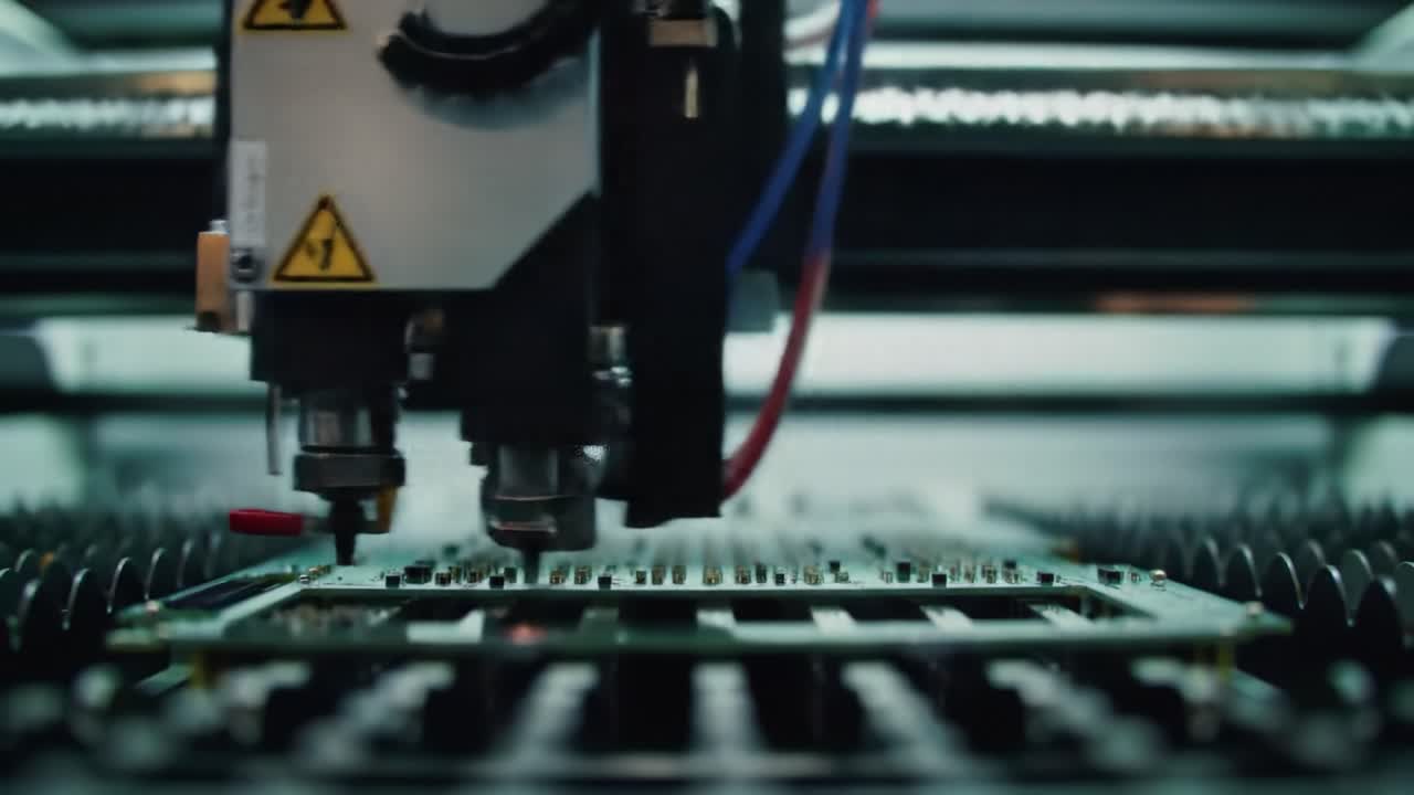 Observe the intricate process of circuit board manufacturing inside a modern facility. The machinery carefully assembles components on the board with precision and efficiency.