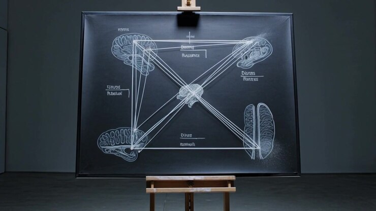 Drawing white lines beginning with marker touching board on easel at gallery, forming brain network
