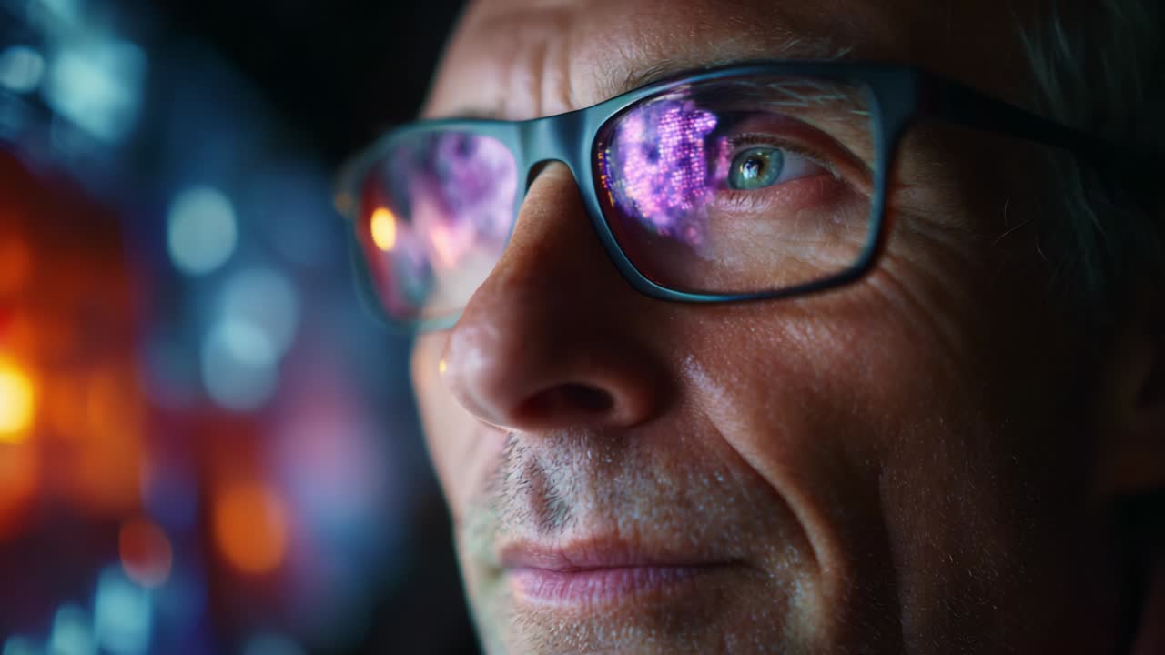 A Close-Up Perspective of a Thoughtful Individual Gazing Deeply Into Technology, Capturing the Essence of Focus and Curiosity as Reflections Illuminate His Eyeglasses with Vibrant Colors
