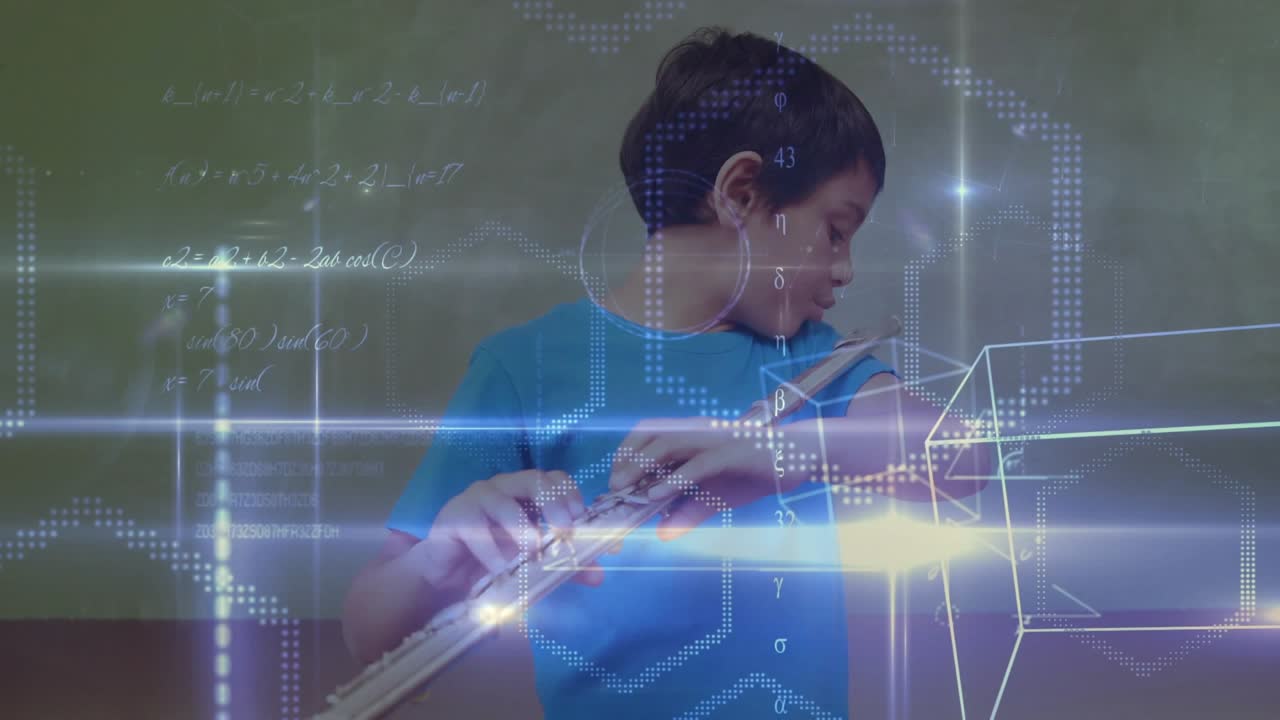Boy glancing right by board, digital shapes tracing flute playing showing music education fusion
