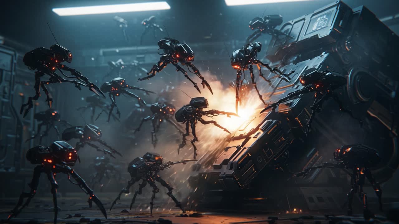A captivating showdown unfolds as a swarm of robotic adversaries unleashes chaos on a damaged machine, showcasing a battle of technology and strategy in a dramatic sci-fi setting