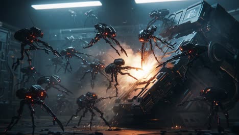 a captivating showdown unfolds as a swarm of robotic adversaries unleashes chaos on a damaged machine, showcasing a battle of technology and strategy in a dramatic sci-fi setting