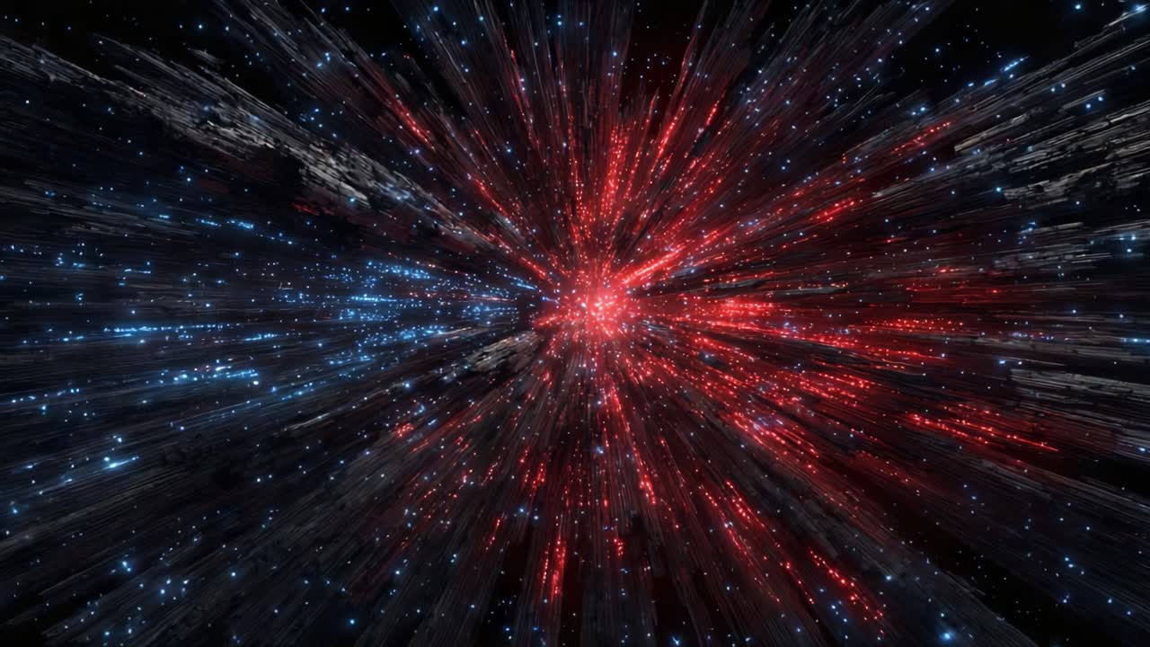 Vivida esplosione cosmica di luce: uno spettacolo mozzafiato di particelle rosse e blu che esplodono su uno sfondo stellato, catturando l'essenza dello spazio e dell'energia.