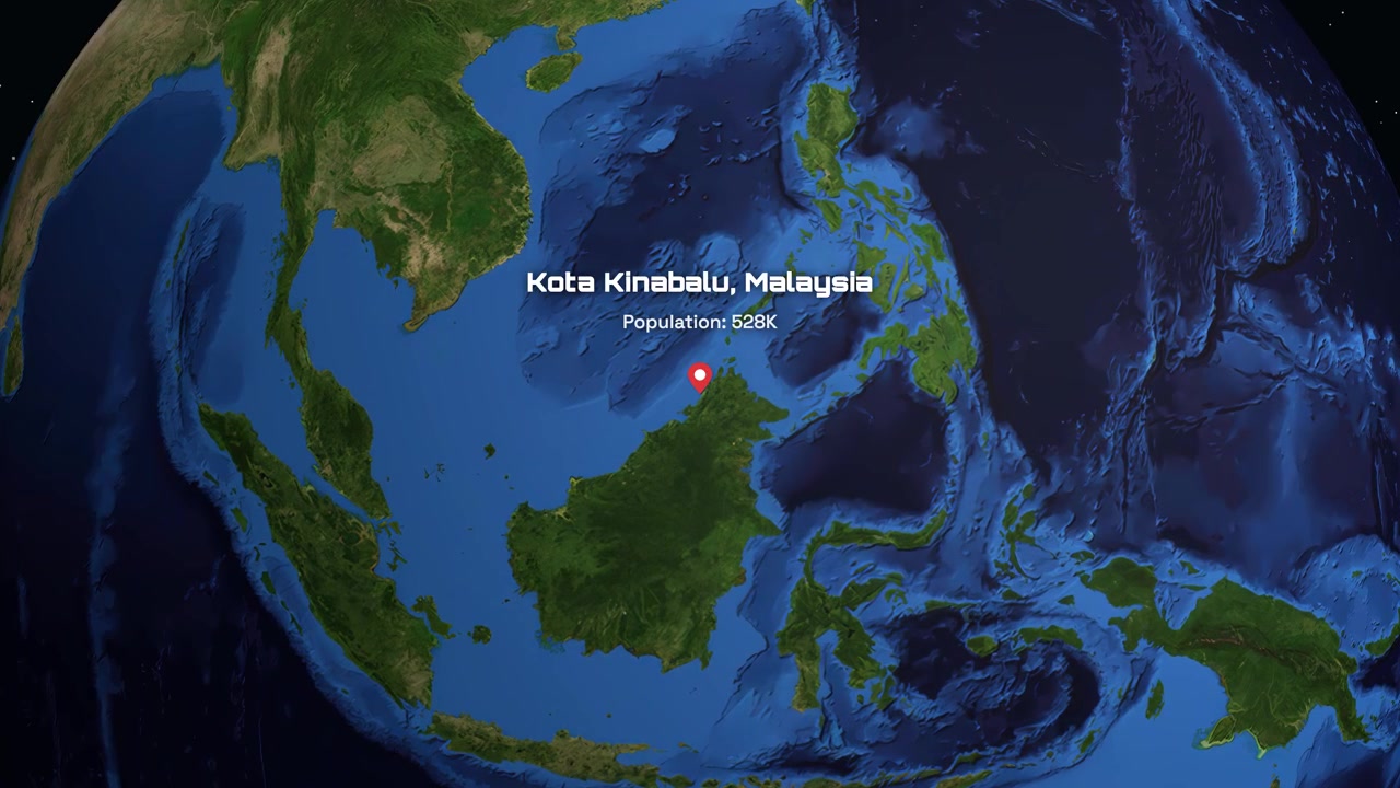 Digital globe rotates and zooms into Malaysia with text overlay showing city population data