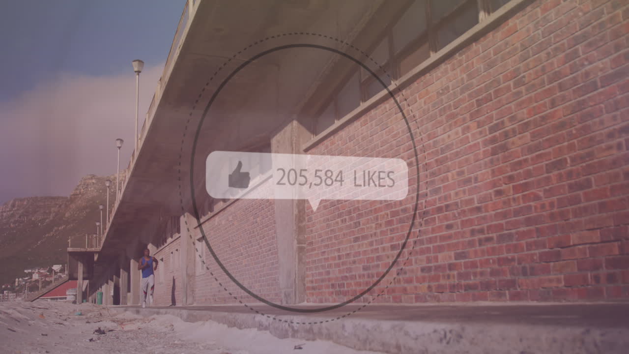 burbuja de discurso con crecientes gustos contra el hombre en forma afroamericano corriendo por la calle