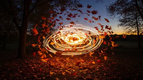 a whirlwind of autumn leaves spinning in a mesmerizing dance of light during sunset, capturing the essence of seasonal change in nature's embrace