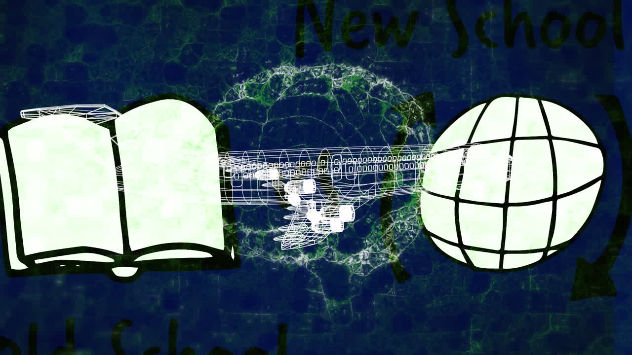 디지털 뇌와 3d 비행기 모델의 애니메이션이 파란색 배경의 학교 아이콘 위에 회전하고 있습니다.