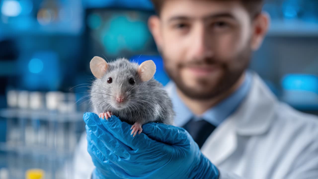 A Dedicated Researcher Holds a Laboratory Mouse in a Scientific Setting, Showcasing a Significant Moment in Animal Research and Biomedical Studies