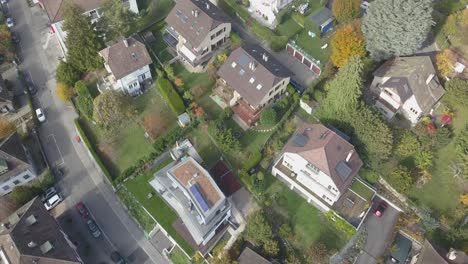 lausanne town viewed from the top, houses in a residential neighborhood near a road, gardens and trees in an urban environment