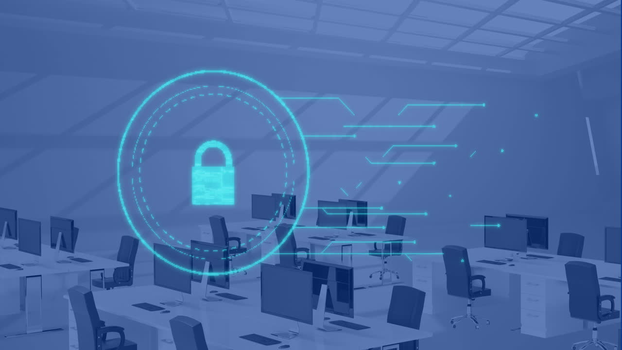 Digital currency symbol animation over modern office workspace with computers