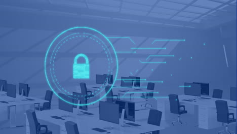 digital currency symbol animation over modern office workspace with computers