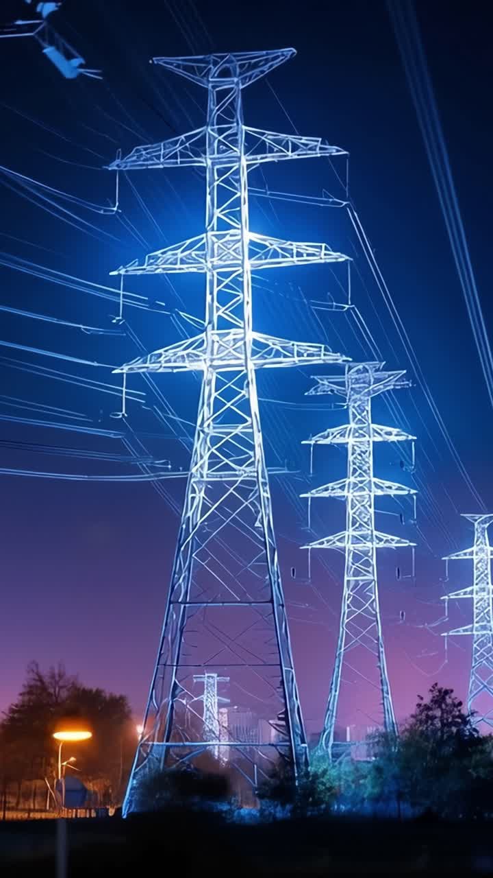 Torres de Transmissão de Energia Iluminadas à Noite: Uma Exibição Deslumbrante de Infraestrutura Elétrica e Paisagem Urbana Sob um Lindo Céu Crepuscular.