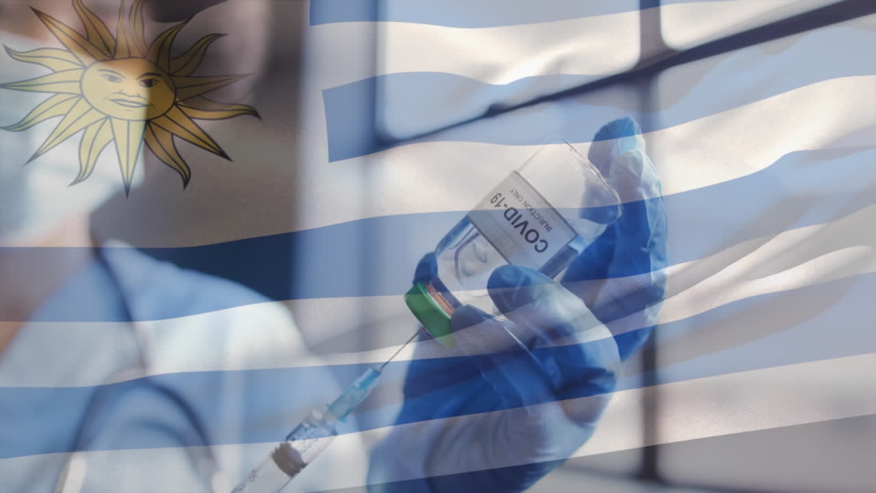 예방 접종을 준비하는 장갑을 입은 의사와 함께 우루과이  ⁇ 발의 애니메이션