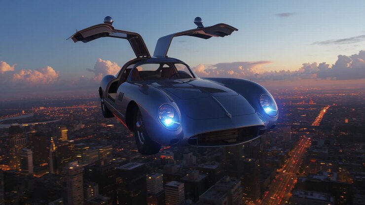Futuristic Flying Car Over City at Sunset